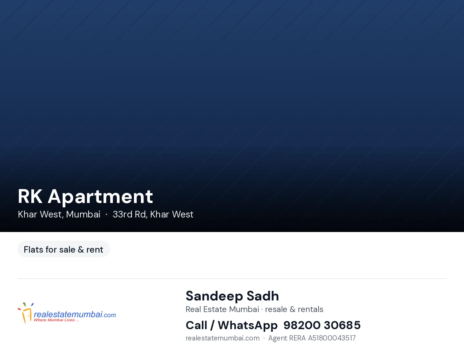3 BHK RK Apartment, Khar West — for Rent