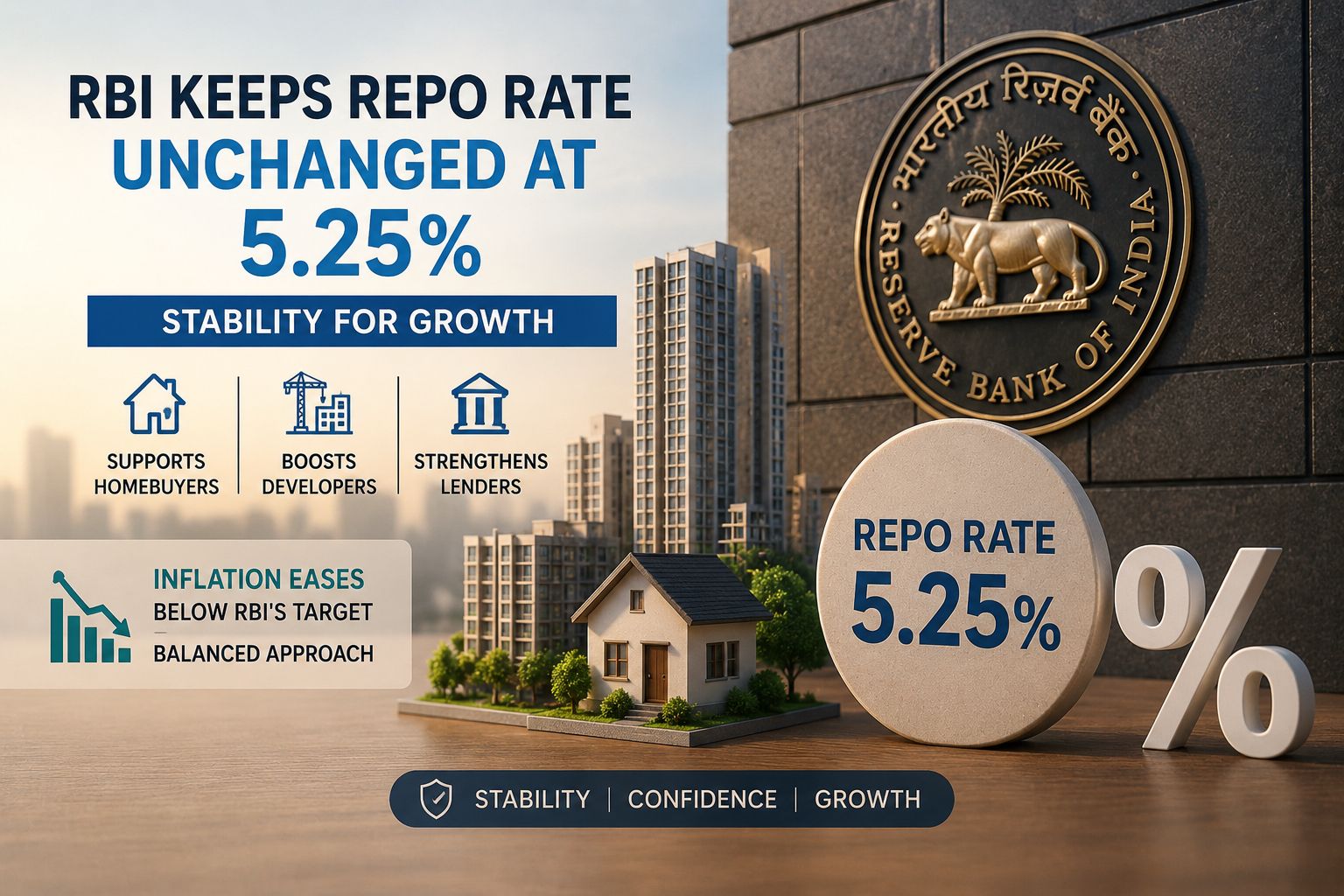 RBI Keeps Repo Rate Unchanged at 5.25%; Stability Boosts Housing Market Sentiment