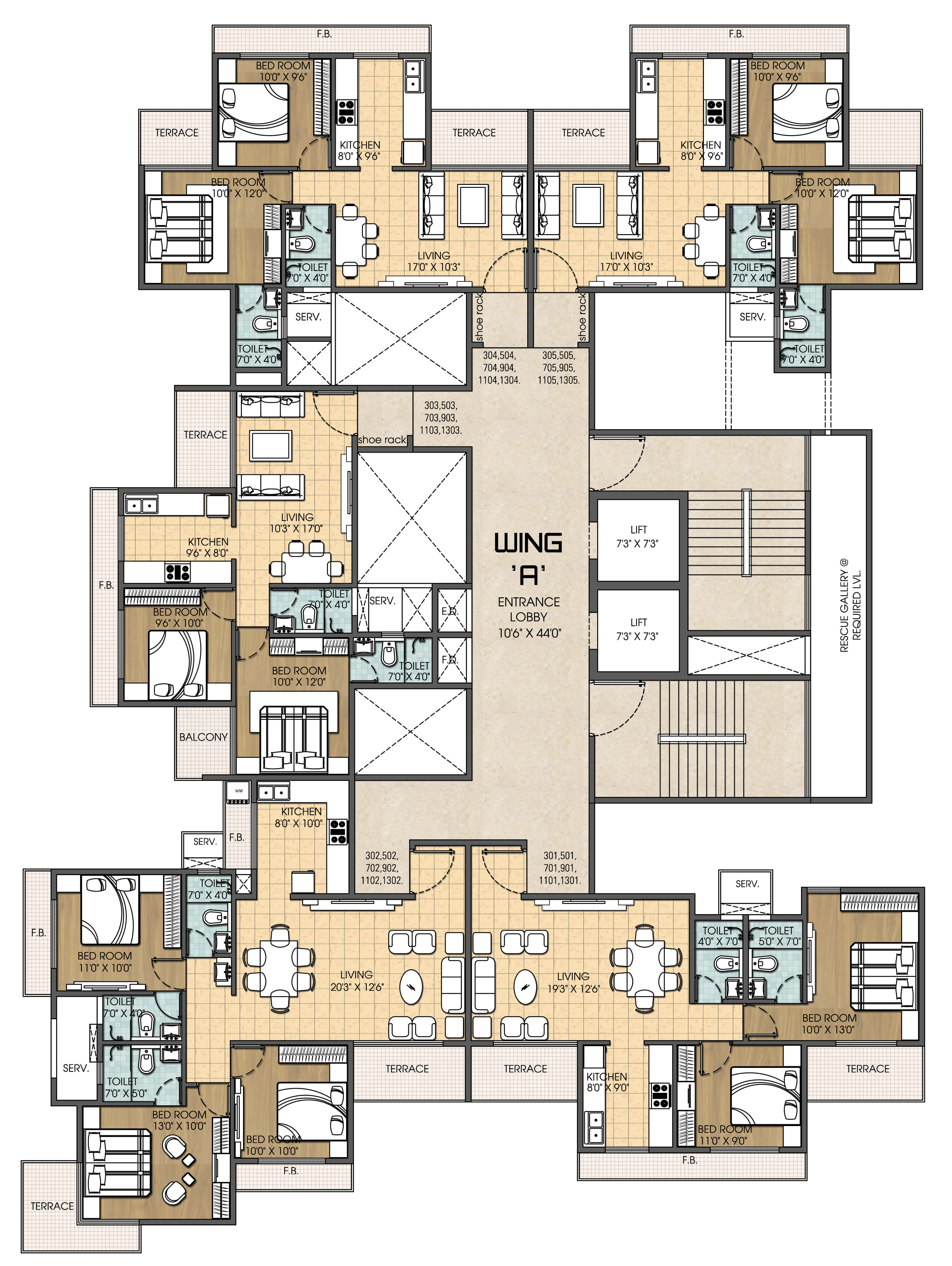 Wing A 3,5,7,9 floorplan