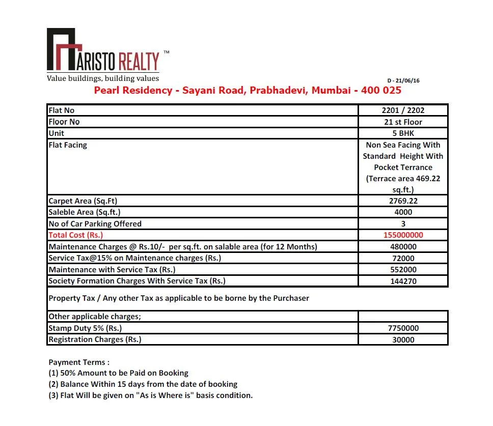 Cost Sheet 5 BHK