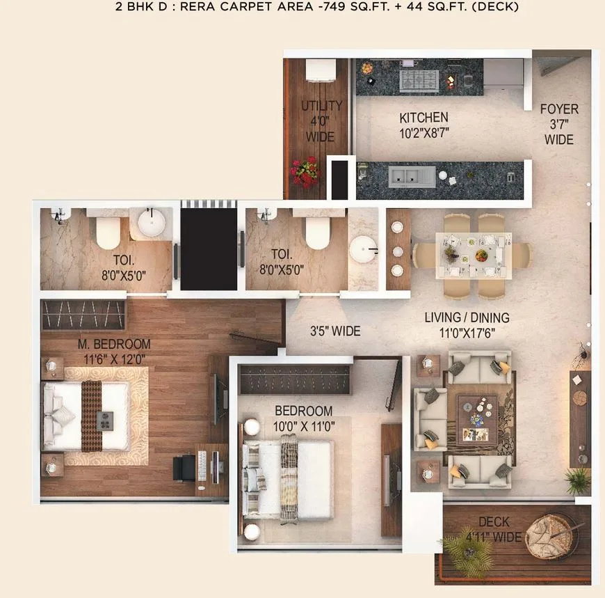 Fortune 500 2BHK (749 sqft) with deck
