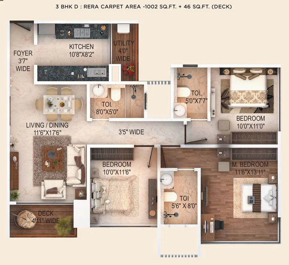 Fortune 500 3BHK (1002 sqft) with deck