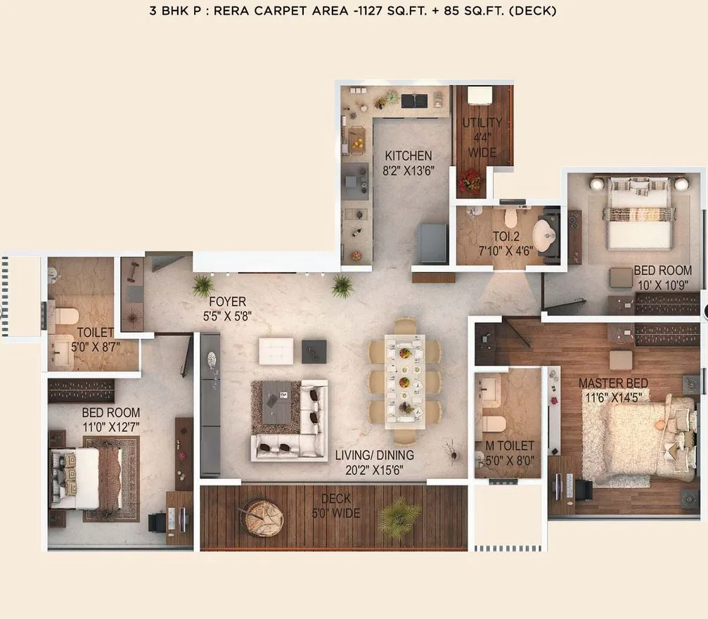 Fortune 500 3BHK (1127 sqft) with deck