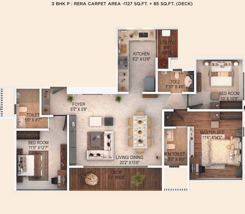 Fortune 500 3BHK (1127 sqft) with deck
