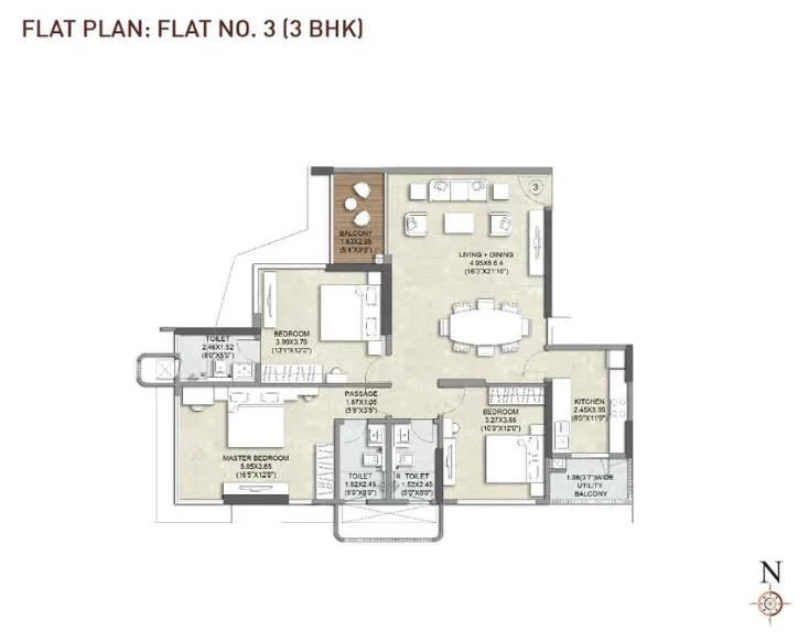 Kalpataru Woodsville Flat No 3-3BHK plan