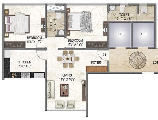 Swiss Boulevard Type A 2BHK Plan