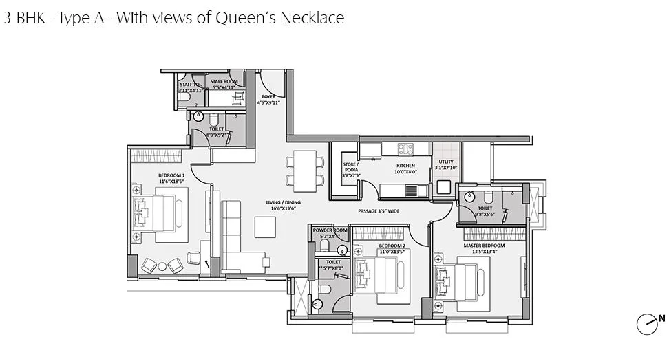 Lodha Seamont 3BHK Type A with Queens Necklace View