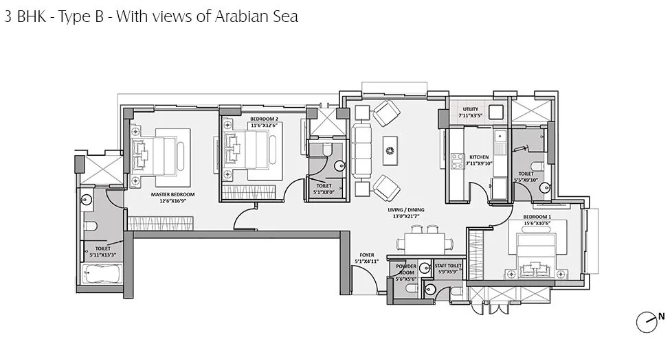 Lodha Seamont 3BHK Type B with Arabian Sea View
