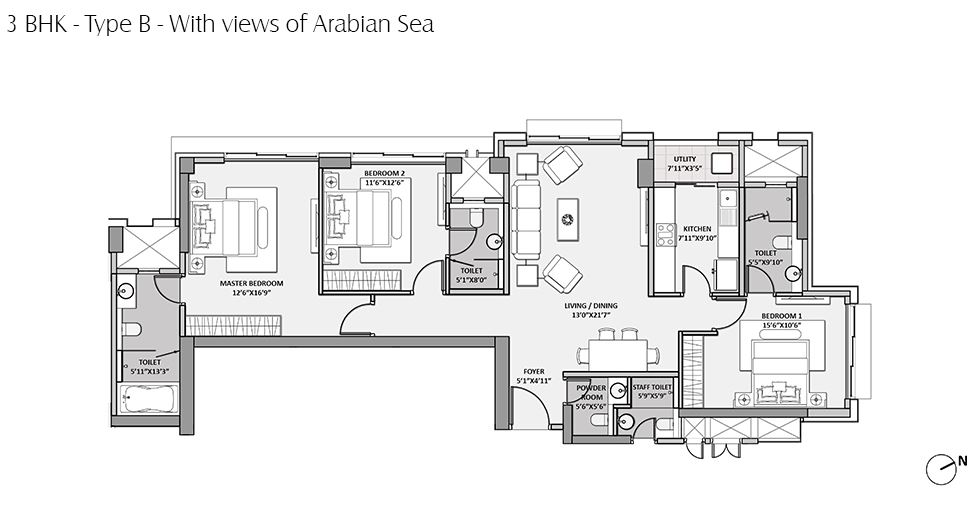 Lodha Seamont 3BHK Type B with Arabian Sea View