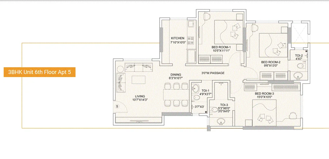 Sunteck Gilbird 3BHK Plan Type-1