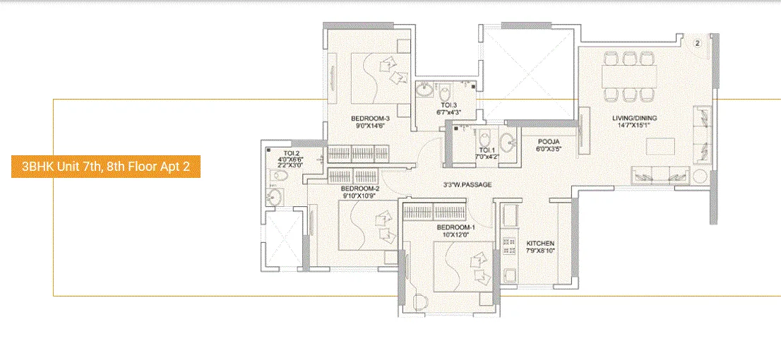 Sunteck Gilbird 3BHK Plan Type-2