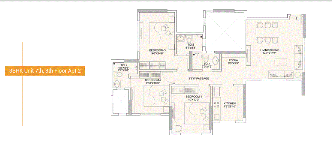 Sunteck Gilbird 3BHK Plan Type-2