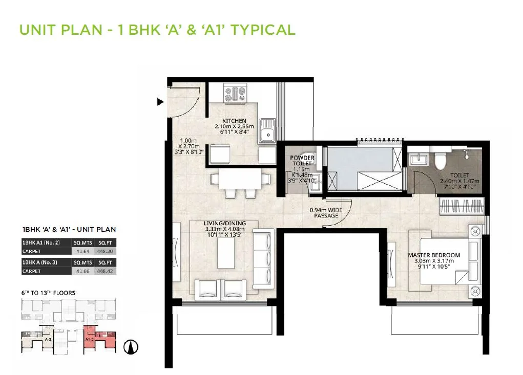 Mahindra Lifesapces Roots 1BHK Unit Plan A-A1