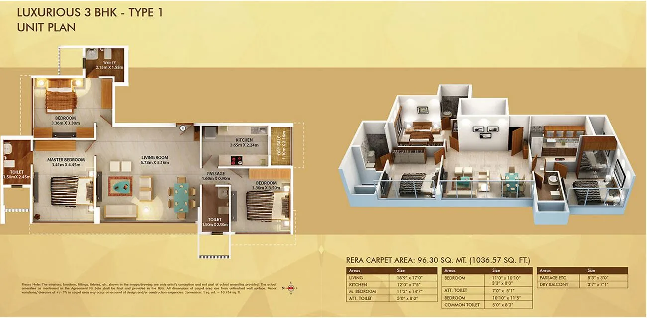 Dosti Belleza Luxurious 3BHK Type1 Unit Plan