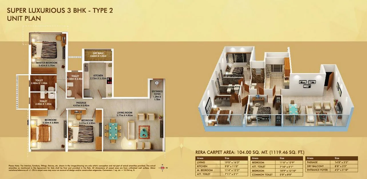 Dosti Belleza Super Luxurious 3BHK Type 2 Unit Plan