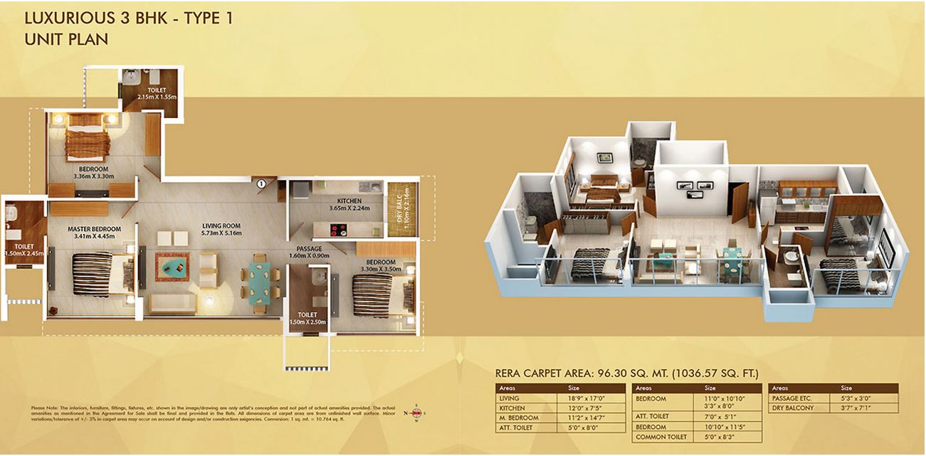 Dosti Belleza Luxurious 3BHK Type1 Unit Plan