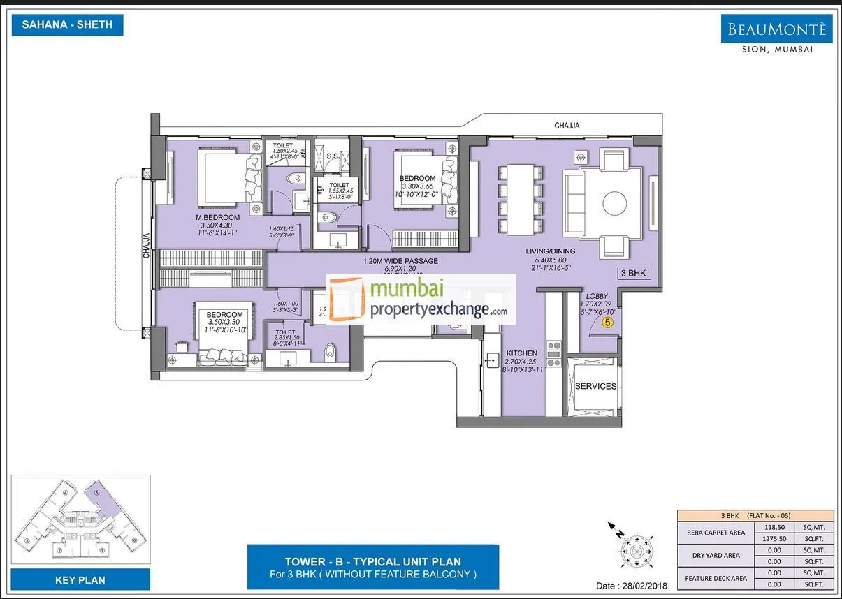 Sheth Beaumonte 3BHK Plan without balcony Type-1