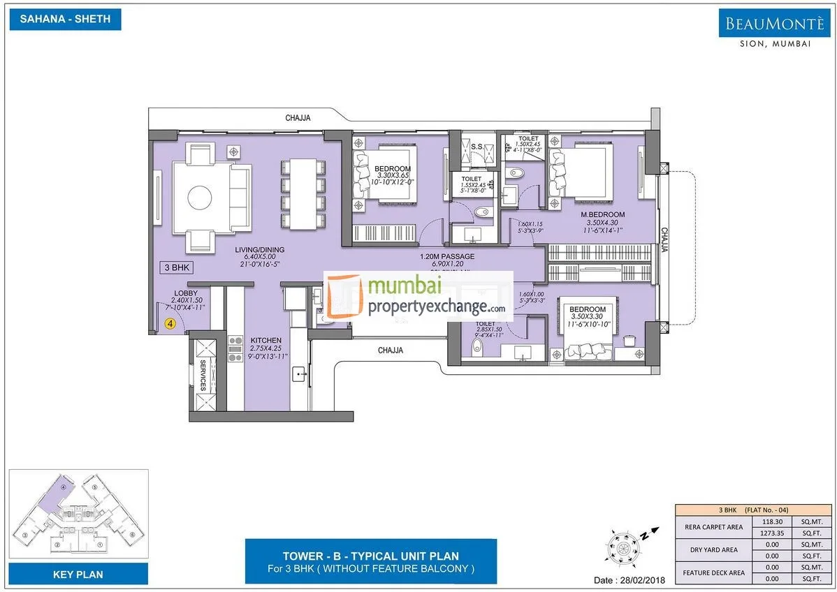 Sheth Beaumonte 3BHK Plan without balcony Type-2