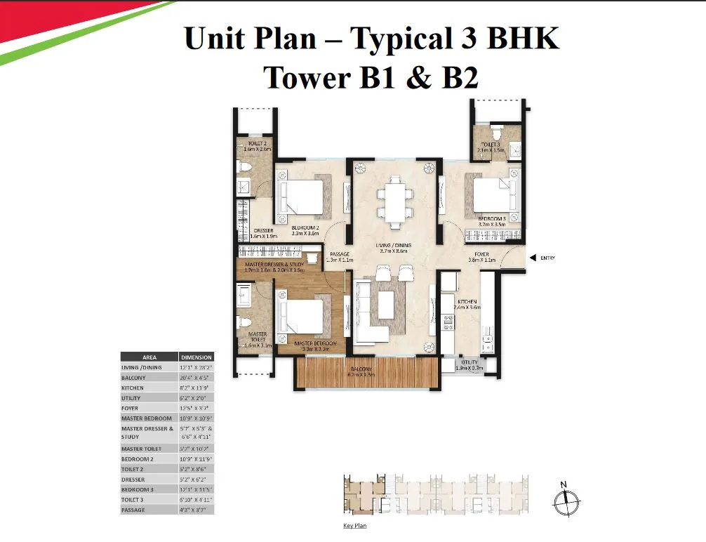 Mahindra Lifespaces Vivante 3BHK Typical Floor Plan B1-B2