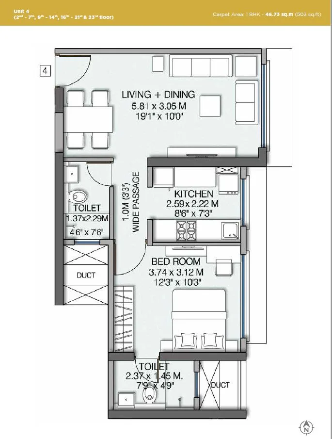 Wadhwa Pristine 1BHK Plan Unit 4