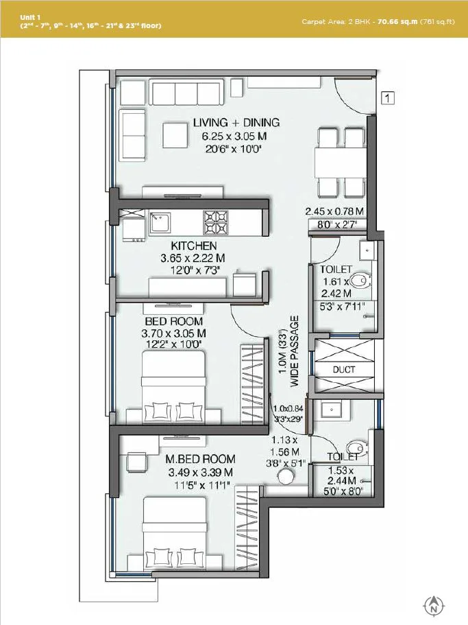 Wadhwa Pristine 2BHK Plan Unit 1