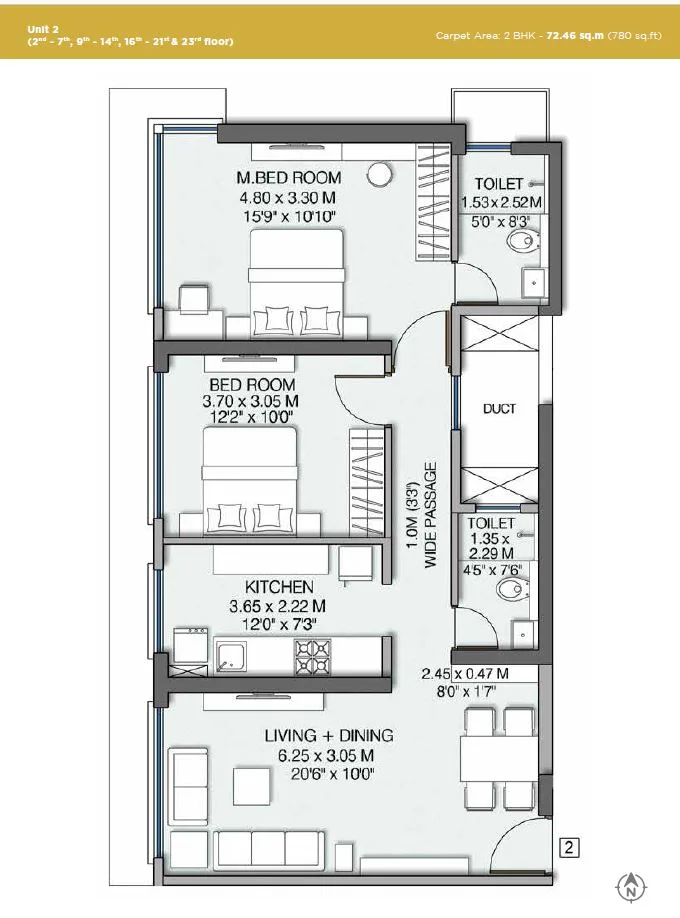 Wadhwa Pristine 2BHK Plan Unit 2