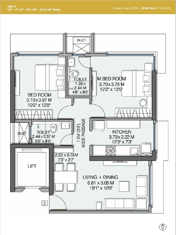 Wadhwa Pristine 2BHK Plan Unit 3
