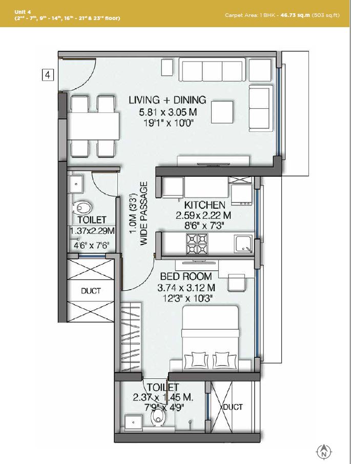 Wadhwa Pristine 1BHK Plan Unit 4