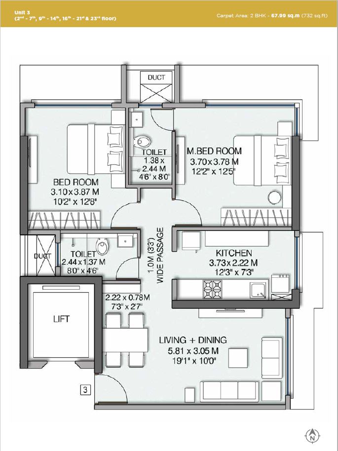 Wadhwa Pristine 2BHK Plan Unit 3