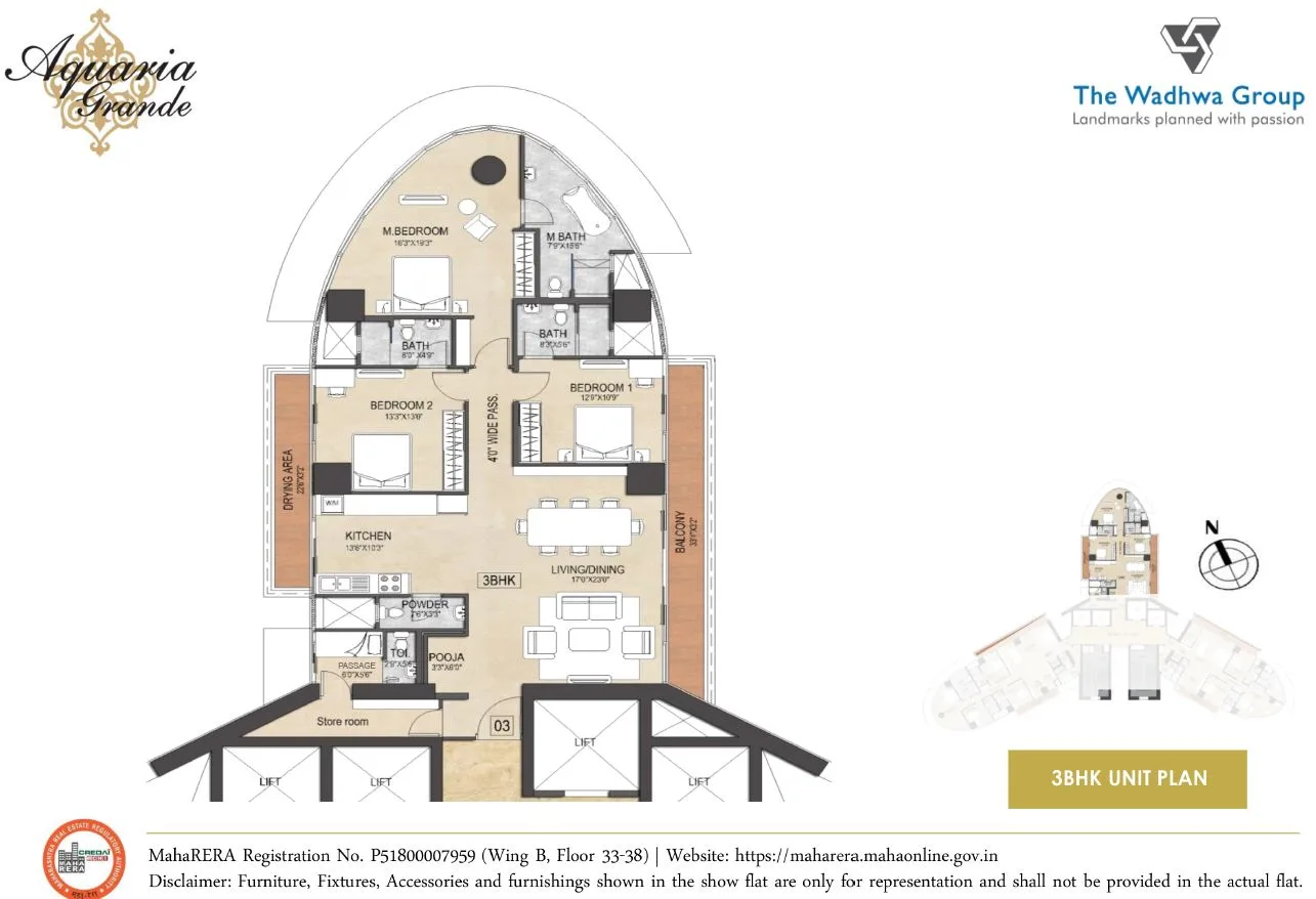 Aquaria Grande 3BHK Unit Plan Wing B