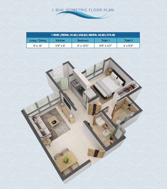Poddar Riviera - Big Leap 1BHK Isometric Plan