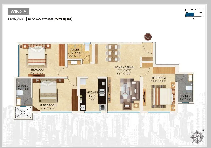 Aaradhya Nine 3BHK Plan Wing A-Jade