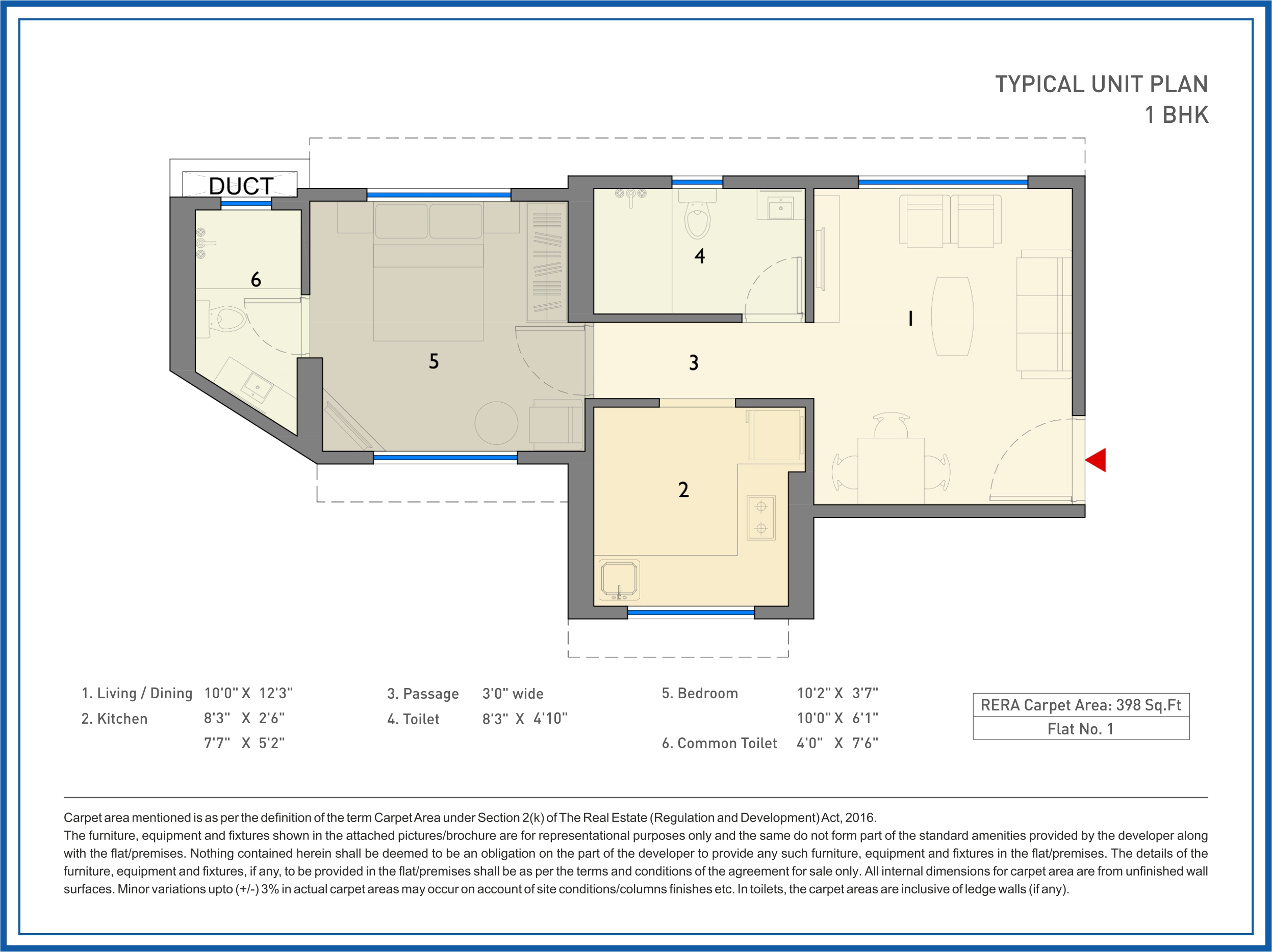 Bellevue 1BHK Unit Plan 398 sqft
