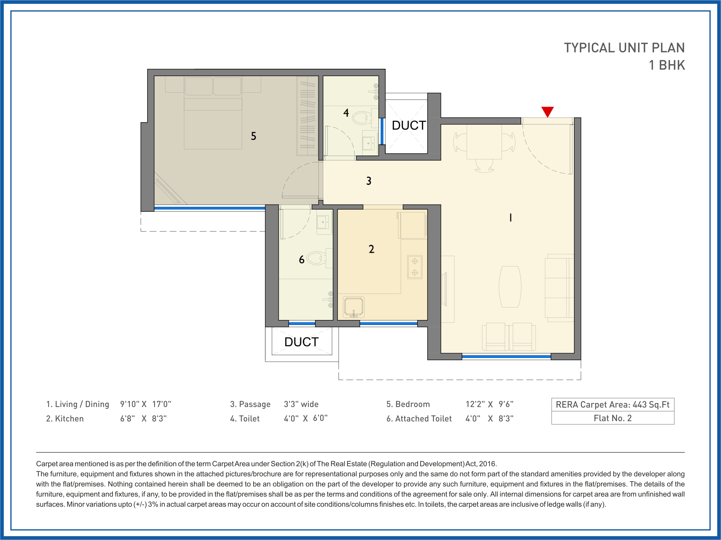 Bellevue 1BHK Unit Plan 443 sqft