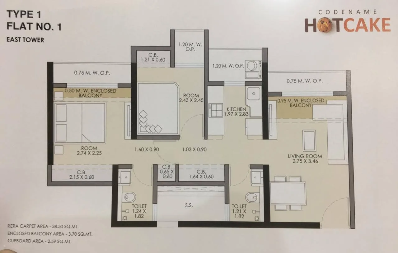 Hot cake Image 1BHK Unit 1 East Tower
