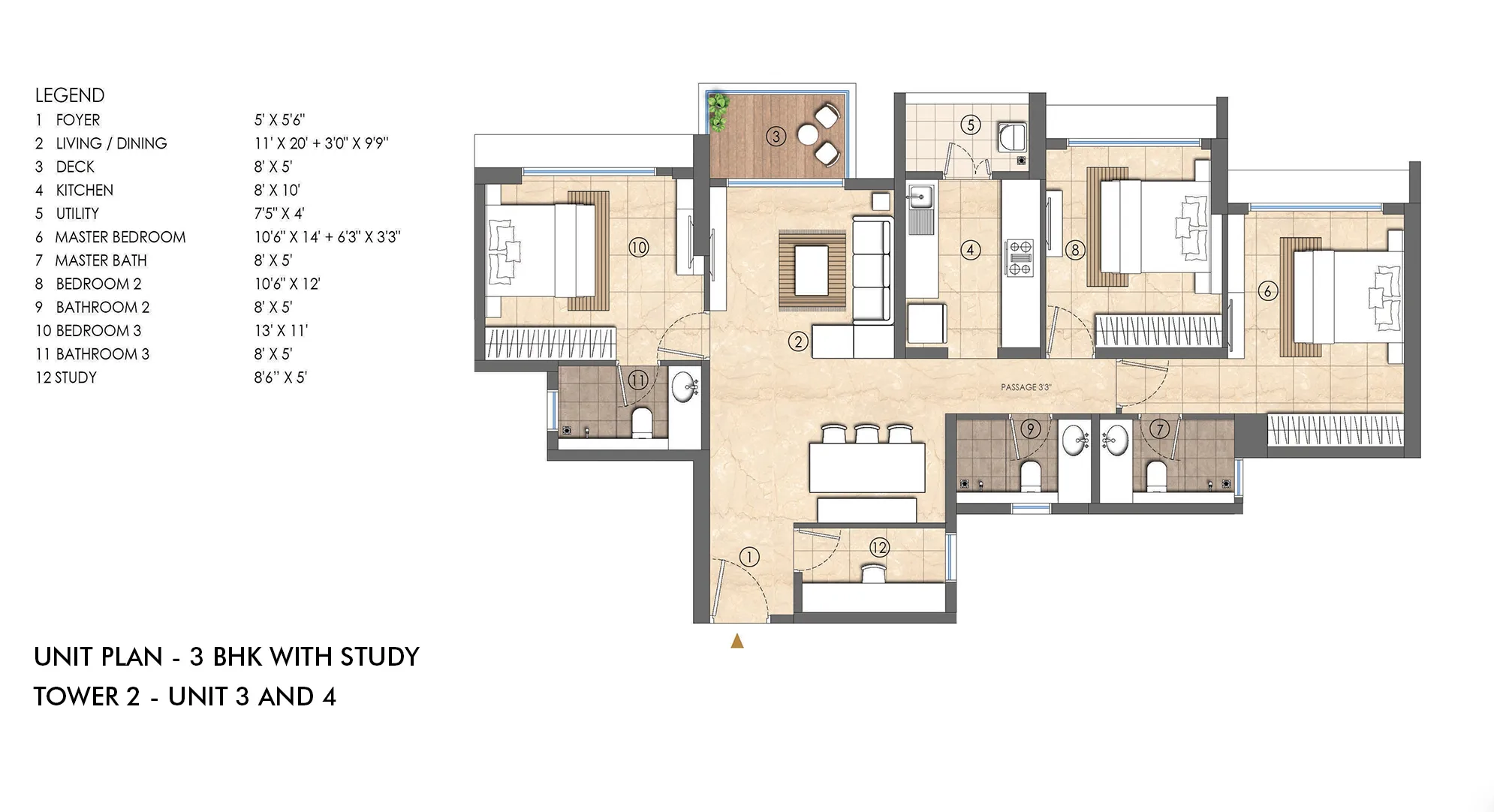 Unit Plan - 3 BHK with Study Room