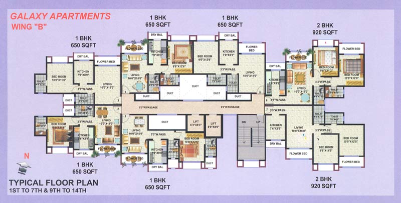 B Wing 1 to 7 and 9 to 14 Floor