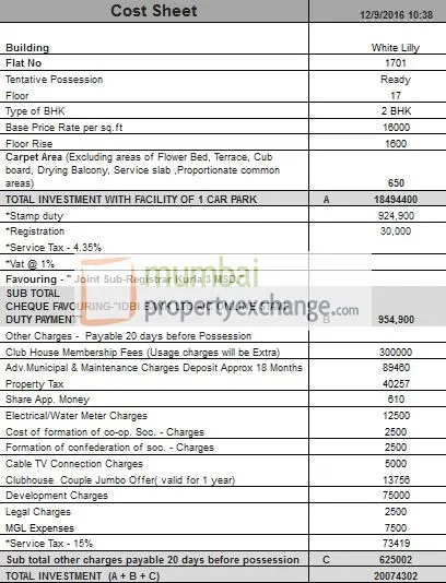 Cost Sheet