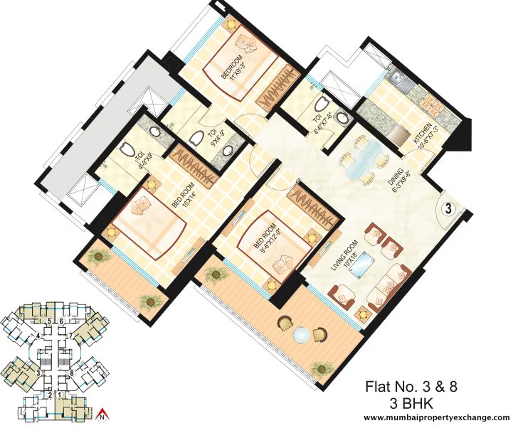 3BHK 3rd & 8thFloor plan