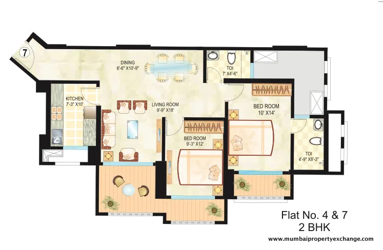 2BHK 4th & 7th floor plan