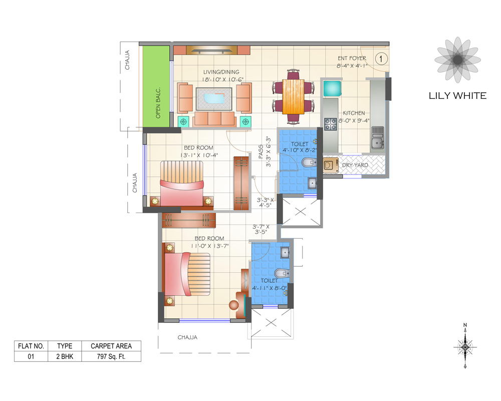 Lily White 2BHK Unit 01 Plan