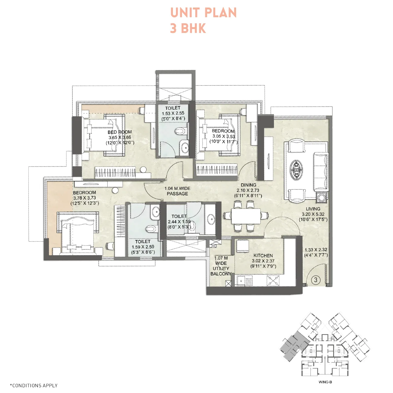 Kalpataru Crest Unit Plan Wing A 3BHK