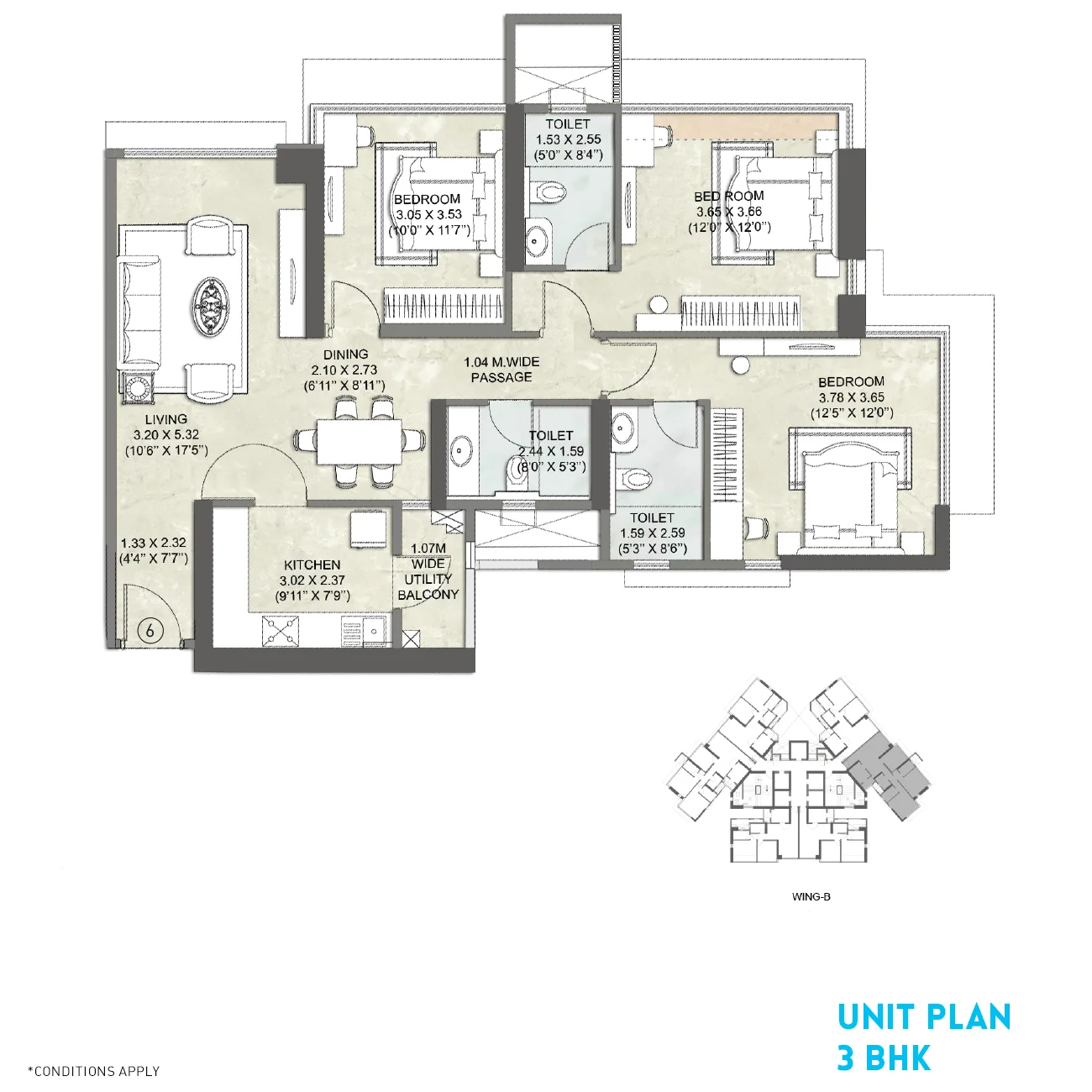 Kalpataru Crest Unit Plan 3BHK Wing B