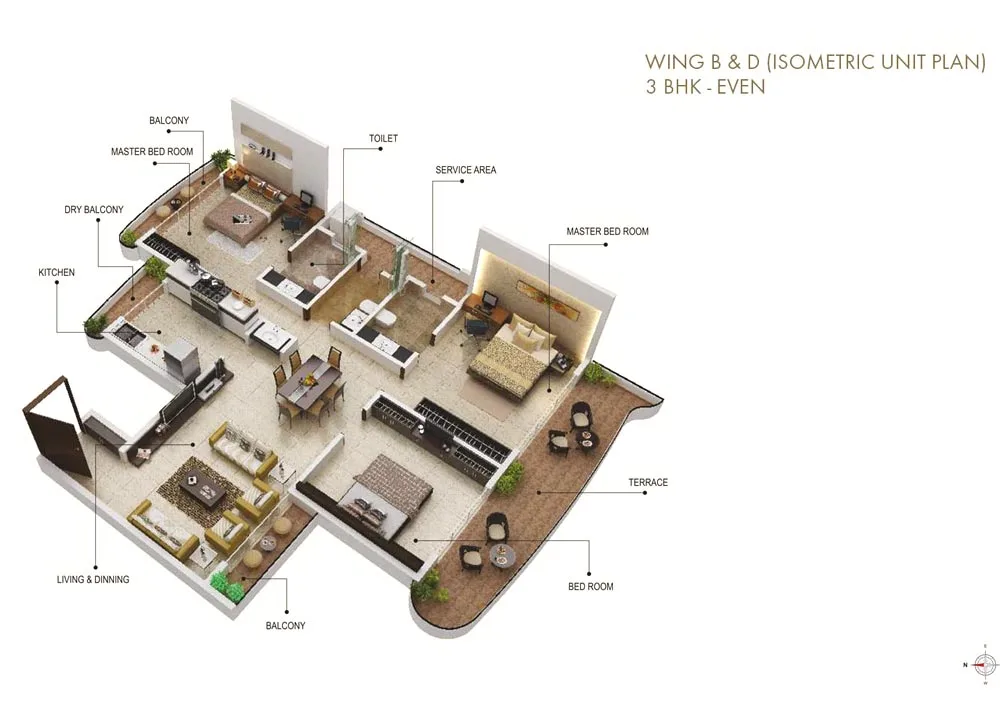 Sai Mannat 3BHK Even B-D Isometric Unit Plan