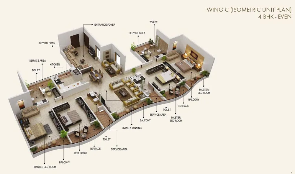 Sai Mannat 4BHK - Wing C Even Isometric Unit Plan
