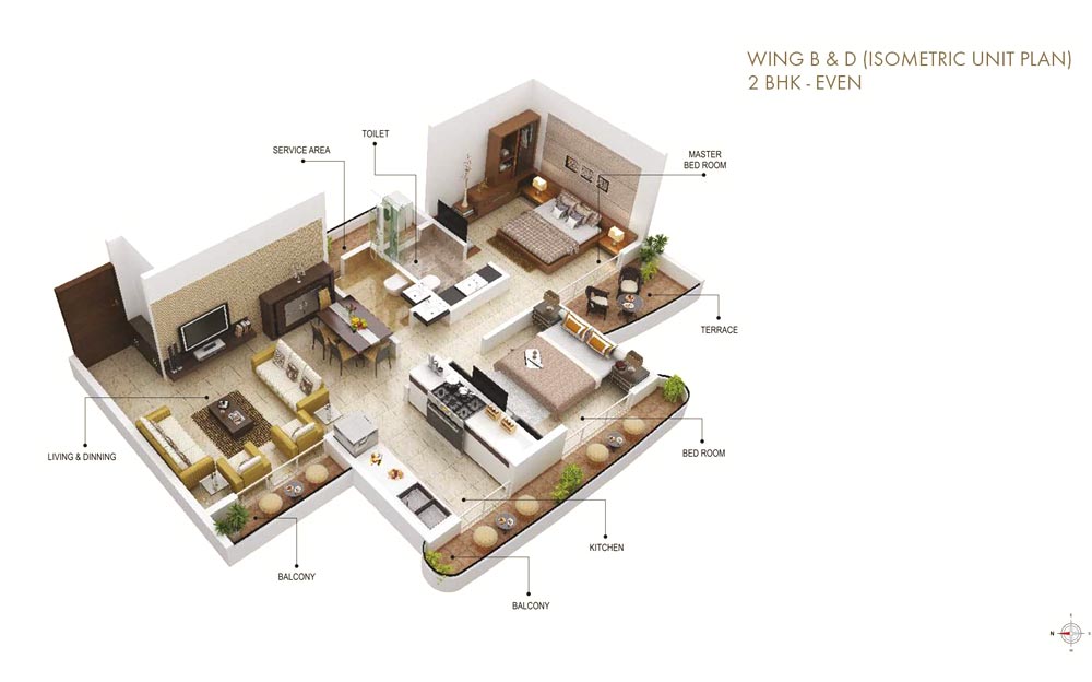Sai Mannat 2BHK Even B-D Isometric Unit Plan