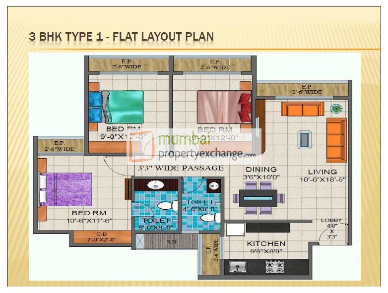 3 BHK Floor Plan