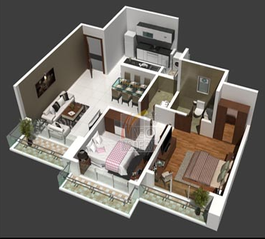 2 Bhk Floor Plan 3d View