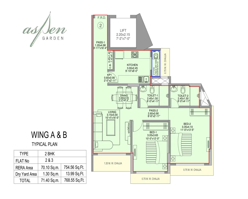 Aspen Garden 2BHK Plan Unit 2-3