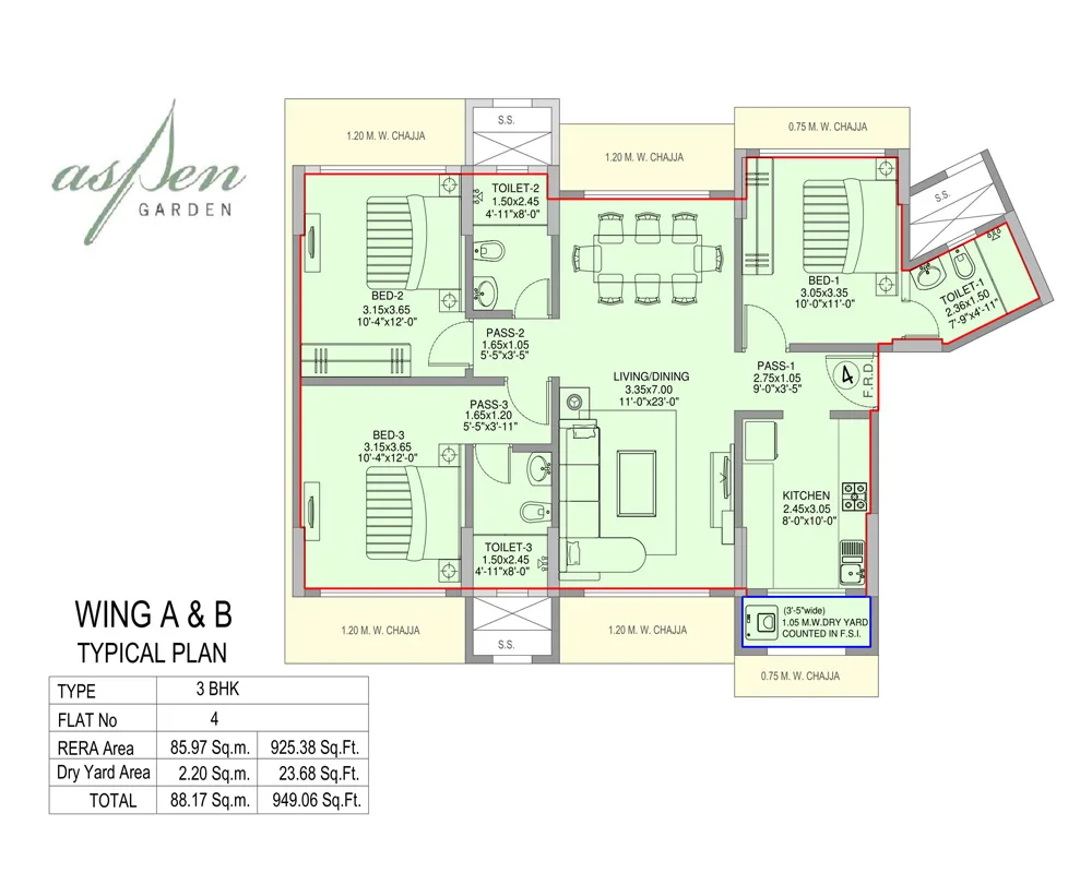 Aspen Garden 3BHK Plan Unit 4